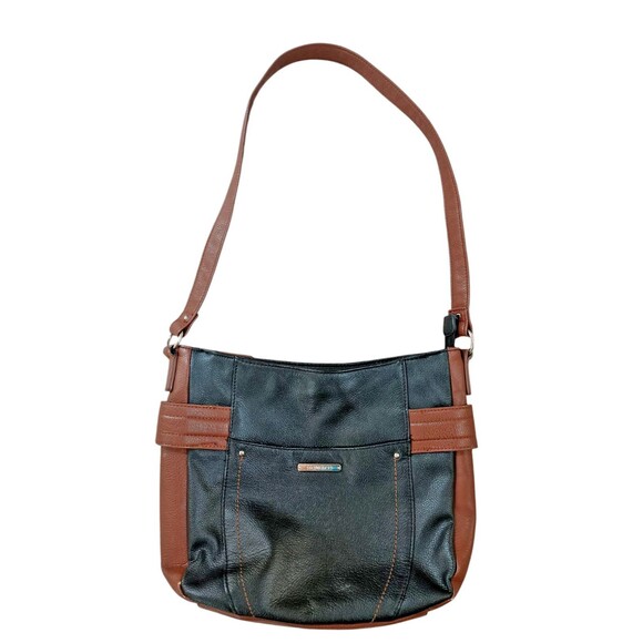 Stone and Co Shoulder Bag Black Brown Outside Zipper Pocket Faux Leather - Picture 2 of 10